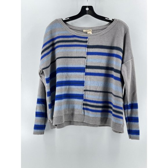 DKNY Women's Gray Striped Knit Baggy Sweater Long Sleeve Size Medium Boho - Picture 2 of 8